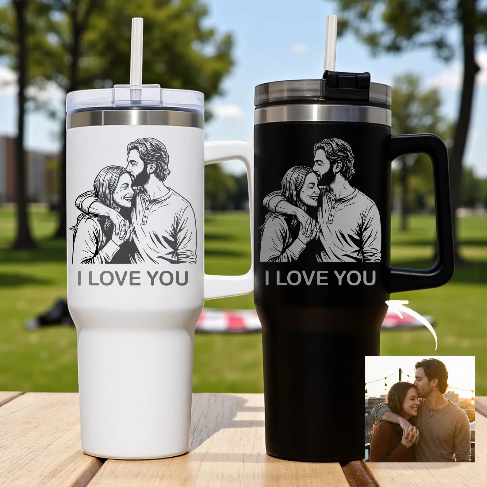 Set of 2 40oz Stainless Steel Double-Wall Vacuum Flask Tumblers with Handle, Spillproof Lid, Custom Couple Photo Engraving, Portable Personalized Travel Drinkware, Anniversary Gift for Couples (Send Custom Content/Photos via Shop Chat), Set Of Two