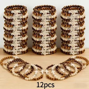12Pcs Ethnic Style Wooden Bead Bracelet Set for Men and Women, Suitable for Daily Wear, Can Be Worn Individually or Layered, Lightweight and Versatile Cross Bracelet, Couple's Bracelet Set, Gift for Friends and Family