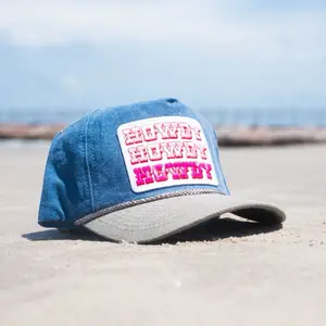 Vintage Style Jean Jacket Howdy Hat with Classic Blue Design and Pink Text