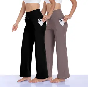 2-pack women's high waist casual pants wide leg with pockets comfortable sports pants stretch loose pants yoga pants outdoor leisure Womenswear Trouser Wideleg Minimalist Bottom Basic KZ02