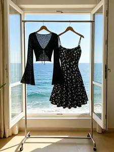 Summer Sun Protection Breathable Long Sleeve Shirt, Elegant Floral Tie Front A-Line Dress Set, Sweet Style Two-Piece, Casual Fit Dress