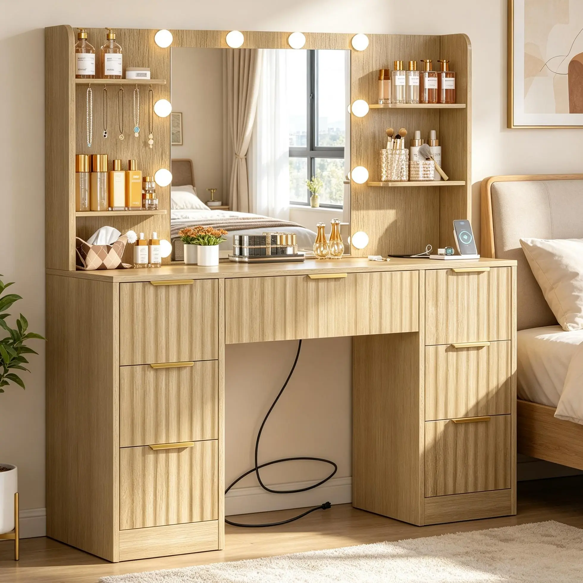 Modern Oak Fluted LED Backlight Makeup Vanity Desk Set - Makeup Vanities with Mirrored Lights, Power Outlet, 6 Shelves, 7 Drawers, 3 Color Modes, Color-Adjustable, 2-Tier, Drawer-Equipped for Aesthetic Room Decor, Color-Adjustable Makeup Vanities