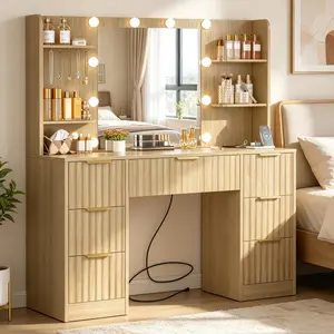 Modern Oak Fluted LED Makeup Vanity Desk Set with Mirrored Lights, Power Outlet, 6 Shelves, 7 Drawers, 3 Color Lighting Modes – Makeup Vanities for Bedroom Aesthetic & Room Decor outdoorfun