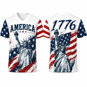 USA Patriotic V-Neck Sports Shirt for Men Women, America 1776 Statue of Liberty American Flag Graphic Tee, Red White Blue 4th of July Top