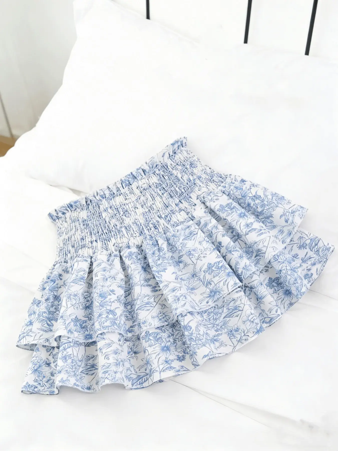 Women's Blue Print Plant Layered Mini Skirt, High Waist Elastic Waistband, Flowy Summer Dress, Fashionable and Comfortable, Perfect for Daily Wear