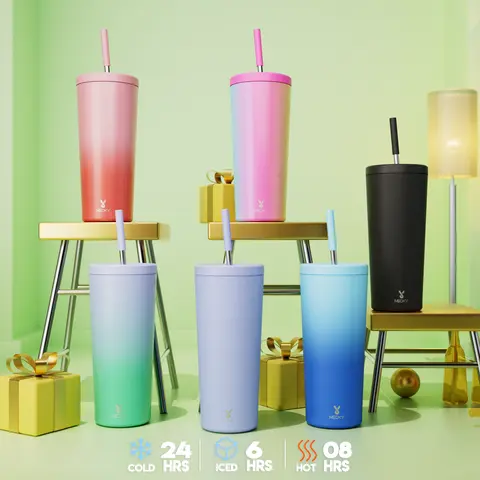 MEOKY 24oz (680ml) Portable Double Wall Insulated Stainless Steel Car Tumbler - Sporty Shape, 24-Hour Thermal Retention, Double-Mouth Design, Non-Slip Base, Blue & Pink Gradient Coffee Mug #black friday #friendsgiving#gift ideas