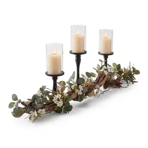 Rustic Farmhouse Centerpiece : Eucalyptus Garland, Black Candle Holders, Table Decor