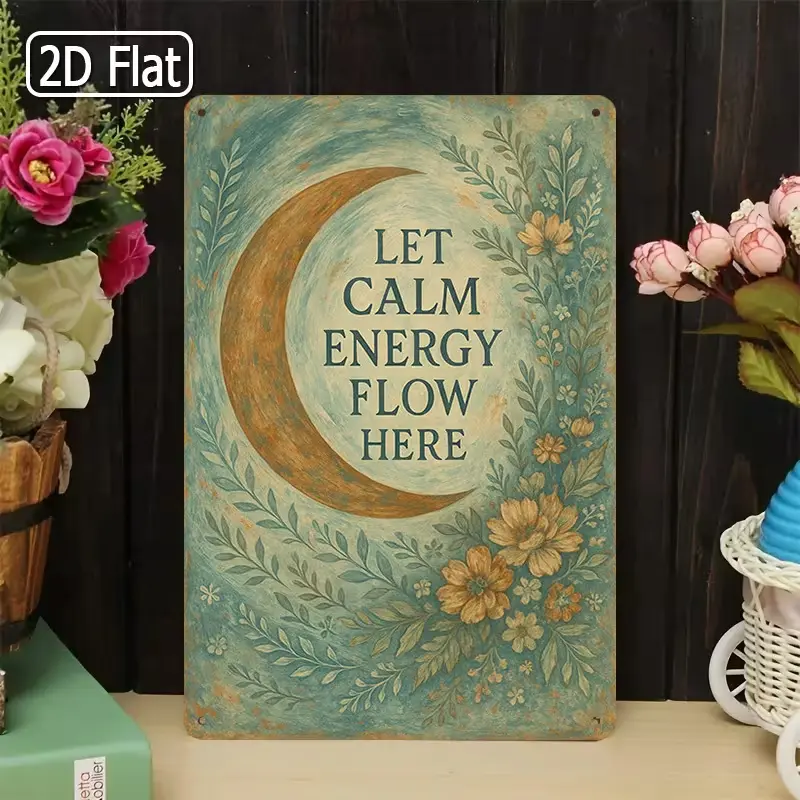 Vintage Distressed Metal Tin Sign - Retro Teal Floral Spiritual Iron Wall Plaque with Aged Rust Border, Calm Energy Quote, Gentle Botanical Celestial Decor for Women Spiritual Lovers Housewarming Gift