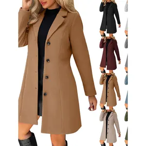 Winter New Style Turn-Down Collar Slim Fit Solid Color Fashion Long Coat Versatile Woolen Jacket