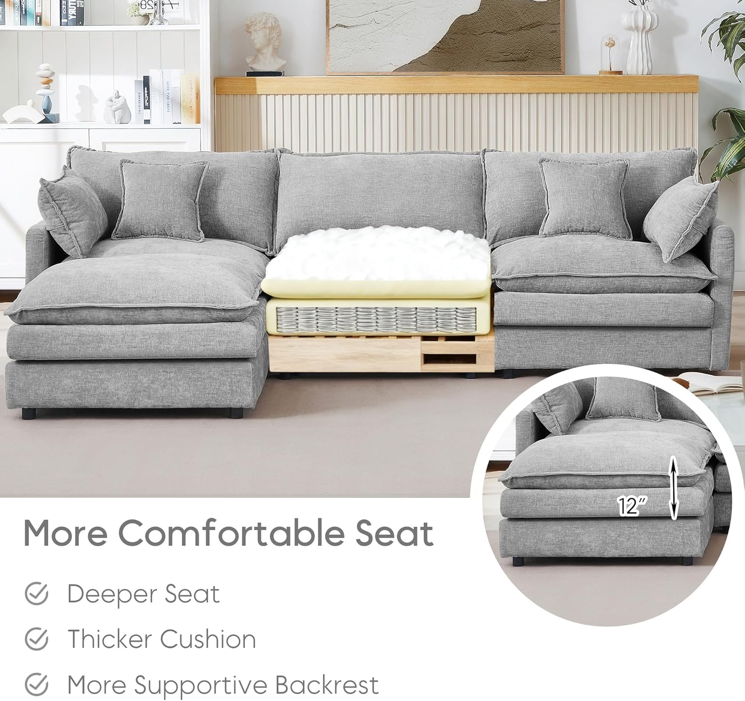 102" L Shaped Modular Sectional Sofa, Comfy Upholstery Chenille Cloud Couch with Ottoman, Modern 4-Seat Deep Seat Sofa with Pillow for Living Room, Bedroom, Apartment, Grey