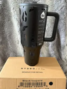 hydroJug Traveler 40 oz Water Bottle, Stainless Steel Insulated Tumbler with Flip Straw and Handle - Black Leopard