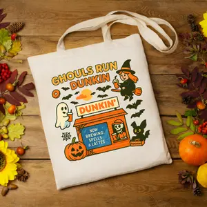 Halloween Dunkin’ Tote Bag | “Ghouls Run on Dunkin’” Funny Ghost Coffee Parody | Spooky Season Canvas Bag