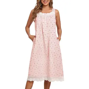 Nightgowns for Women 100% Cotton Button Down Sleeveless House Dress Lace Moomoo Nightgown with Pockets