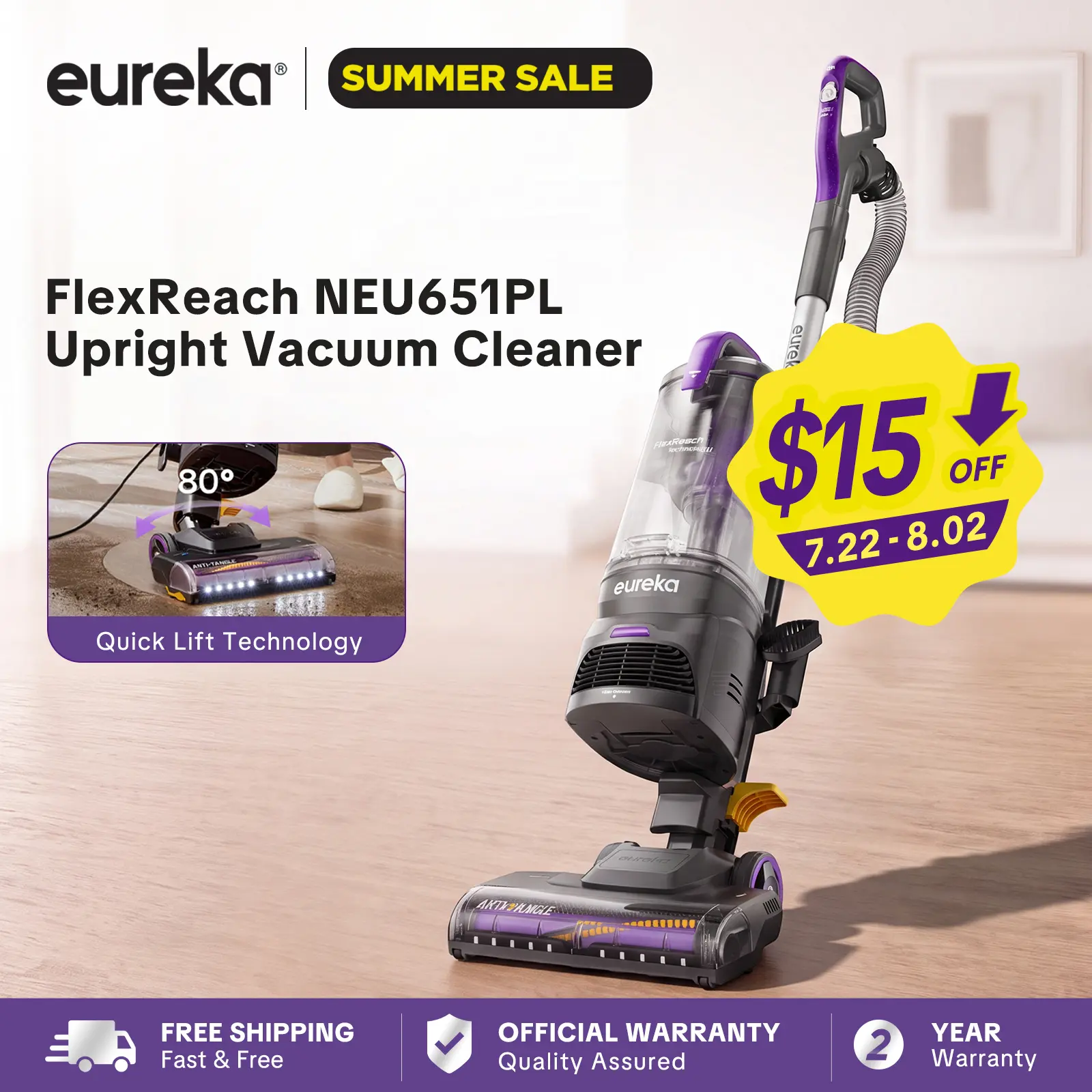 Eureka FlexReach NEU651PL Upright Vacuum Cleaner with Lift-Up Pod & Anti-Tangle Brushroll for Carpet & Hard Floors, Purple, 960W Motor, Deep Cleaning, Jumpstart Sale, Powerful Suction, Flexible Design, DealsForYouDays