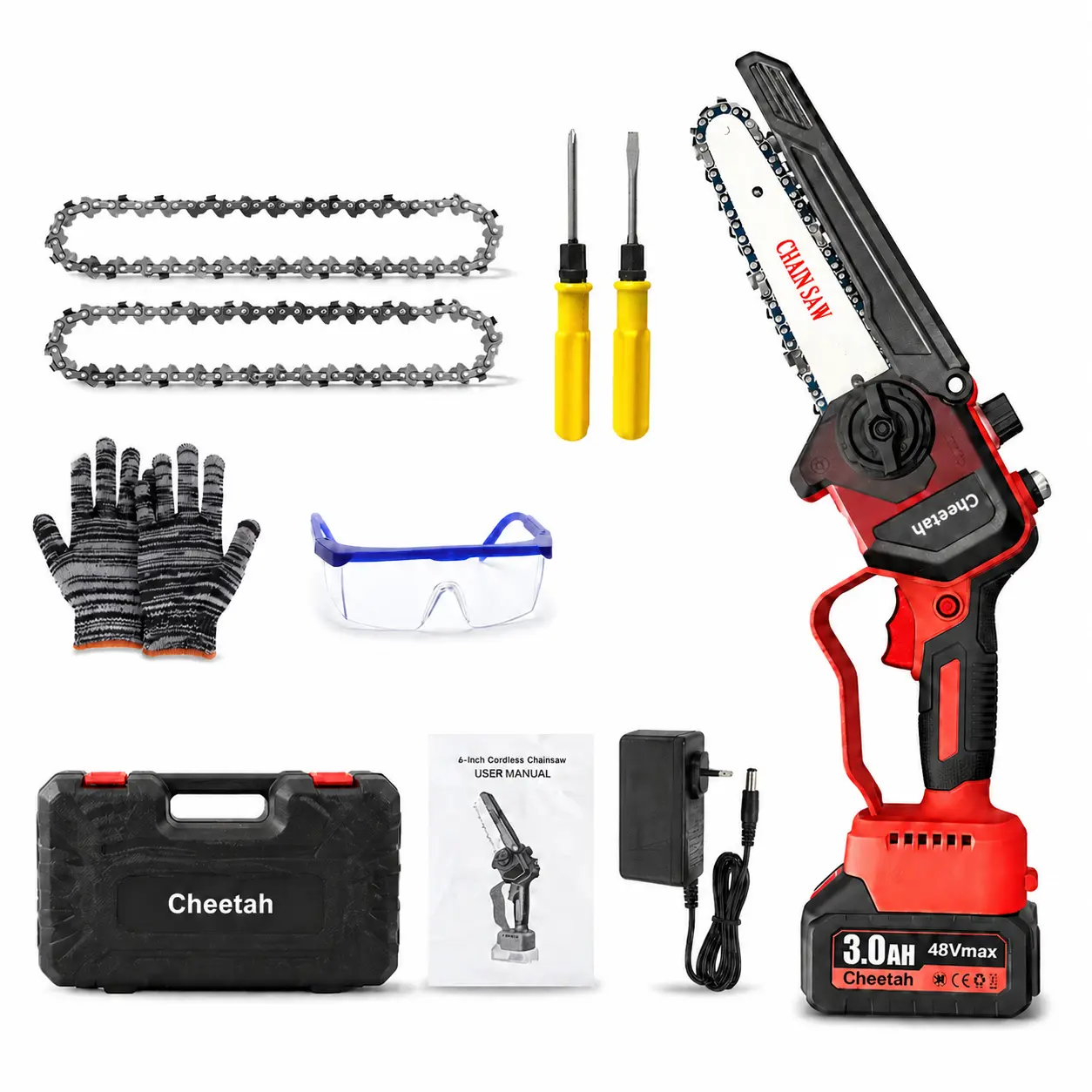 6 Inch Mini Chainsaw Cordless Electric Handheld Chainsaw with 1500mAh Battery 2 Replacement Chainsaw Blades Storage Box Carton Safety Goggles Work Gloves and Screwdriver for Tree Trimming Wood Cutting