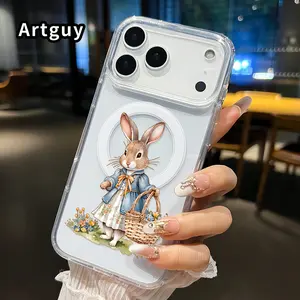 Clear Magnetic Phone Case for iPhone 17 16  Pro Max Plus 15 14 13 12 11 Air E Bunny Floral Basket  Pattern Acrylic Hard Back Soft Silicone Edge Bumper Sockproof Cover