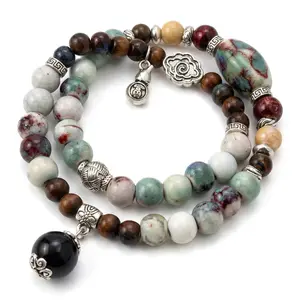 Natural Multi-Gemstone Double Strand Beaded Bracelet | Healing Crystal Mala With Black Onyx Pendant
