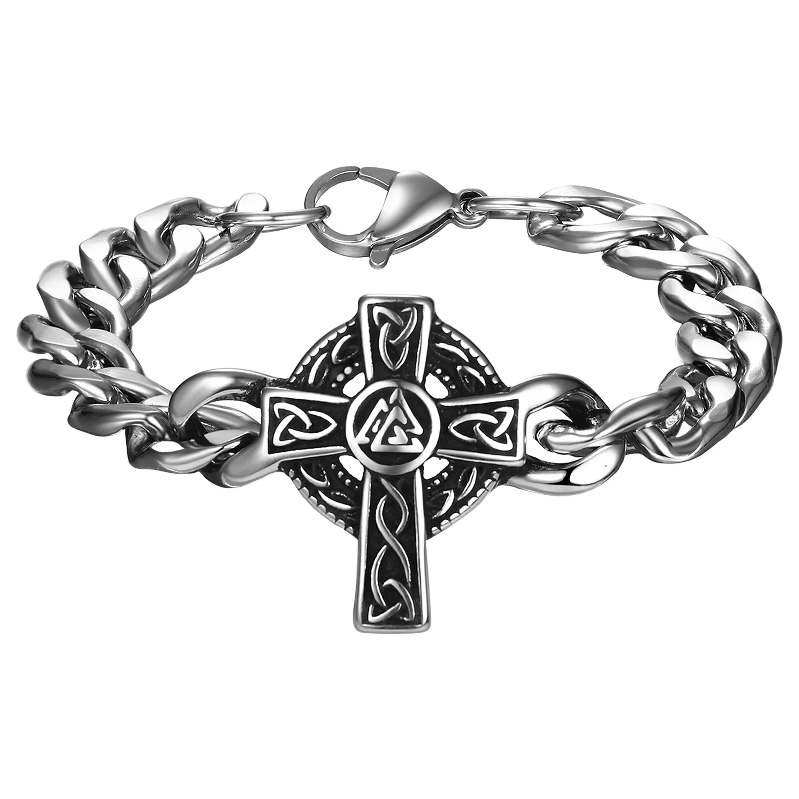 OIDEA Men's Viking Bracelet - Stainless Steel, Celtic Knot Cross, Norse Mythology Valknut Symbol, Adjustable Cuban Chain Bracelet, Adjustable Bracelet, Valknut Symbol Bracelet, Symbolic Charm summerwins
