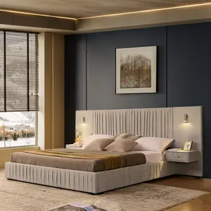 King Size Upholstered Bed Frame with Chenille fabric with pleated design, Grounded King Size Platform Bed with Headboard and Solid Frame and the bedside table.No Box Spring Needed-Beige