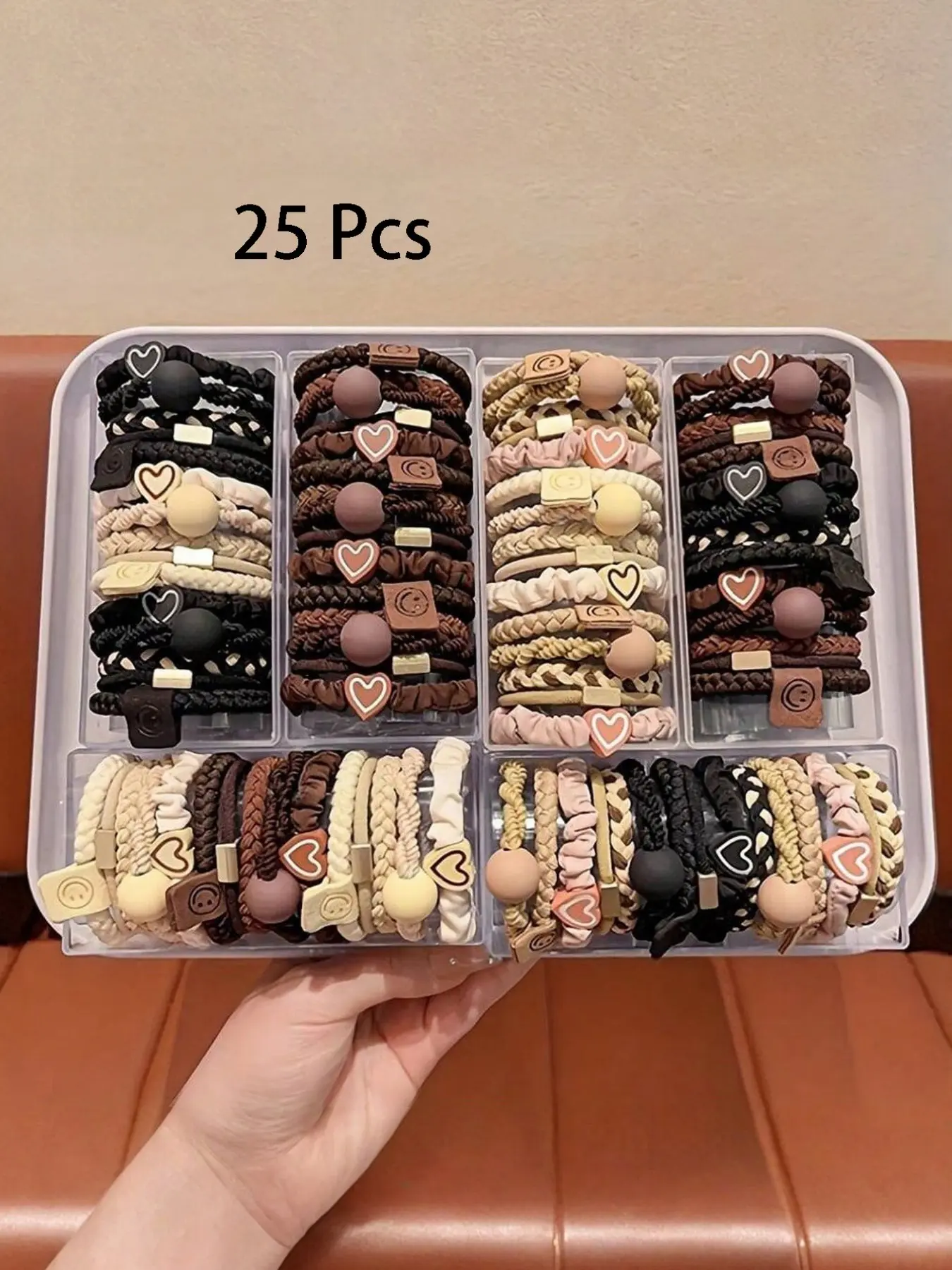 25pcs Boho Women's Hair Tie Set - Bracelet Style, Scrunchies, Beaded, Gentle On All Hair Types, Elastic Bands With Heart Charms & Beads, Perfect For Ponytails & Sports, Elastic Hair Accessory, Ponytail Accessories