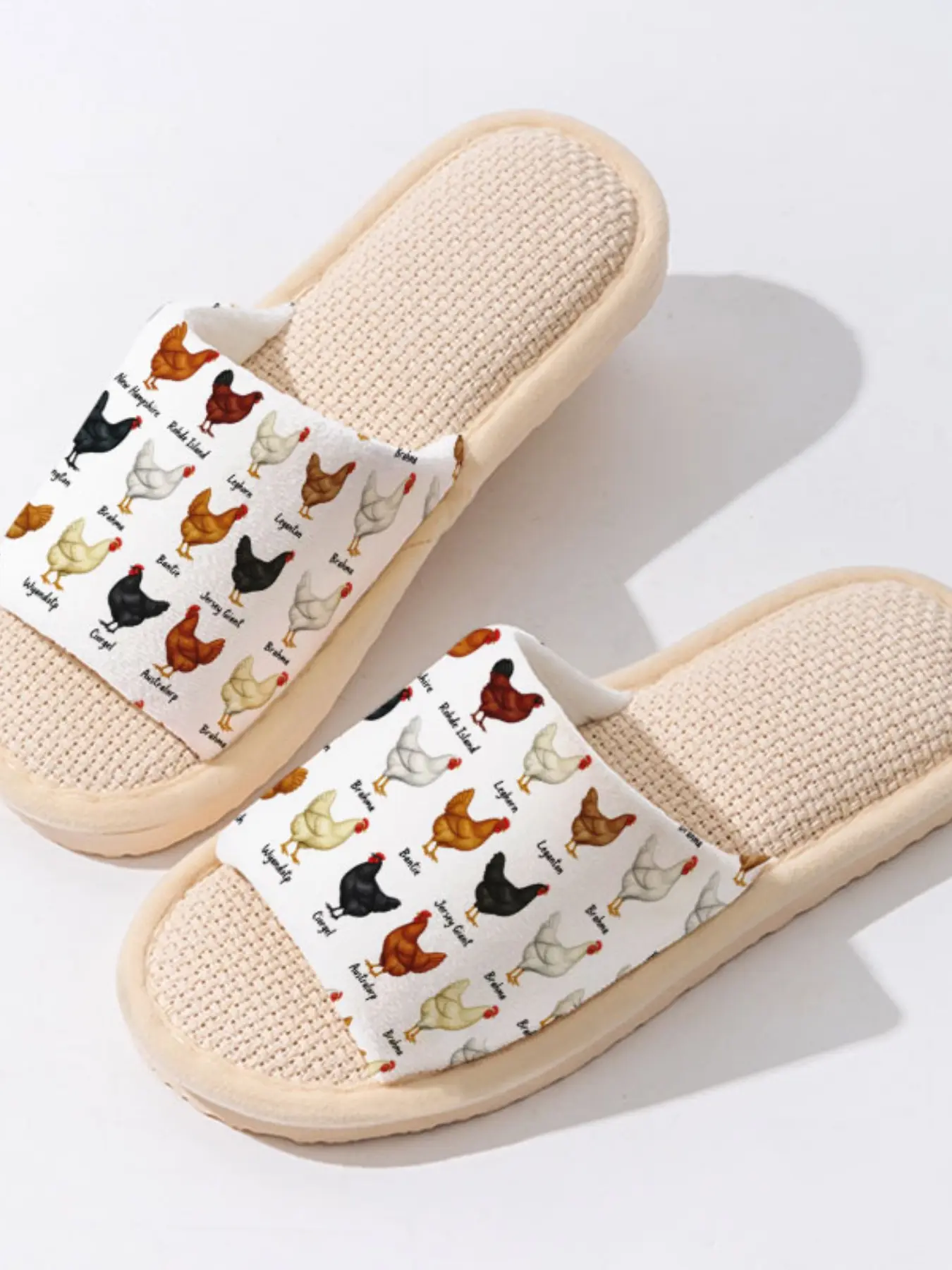 Farm Chicken Print Informative 1 Pair Anti-Skid Linen Slippers, Cozy Breathable Lightweight Indoor Home Shoes for Women Men Family Guest Daily Wear