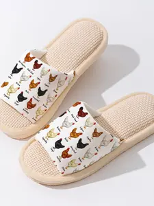 Farm Chicken Print Informative 1 Pair Anti-Skid Linen Slippers, Cozy Breathable Lightweight Indoor Home Shoes for Women Men Family Guest Daily Wear