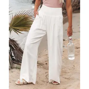 Women Linen Pants Summer Boho Wide Leg High Waist Casual Lounge Pant Beach Travel Vacation Outfits