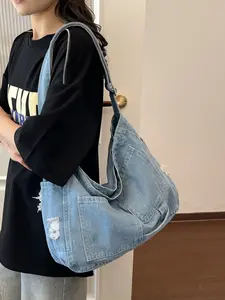 Vintage Denim Tote Bag, Ripped Design Large Capacity Crossbody Backpack, Lazy Chic Multi-Pocket Student Daily Commute Travel Bag