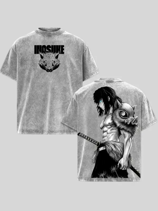 Men's Demon Slayer Inosuke Anime Washed Shortleeve T-Shirt - Classic Crew Round Neck Casual Top, Vintage Manga Prints Graphic Tee, Oversized Streetwear Otaku Gift