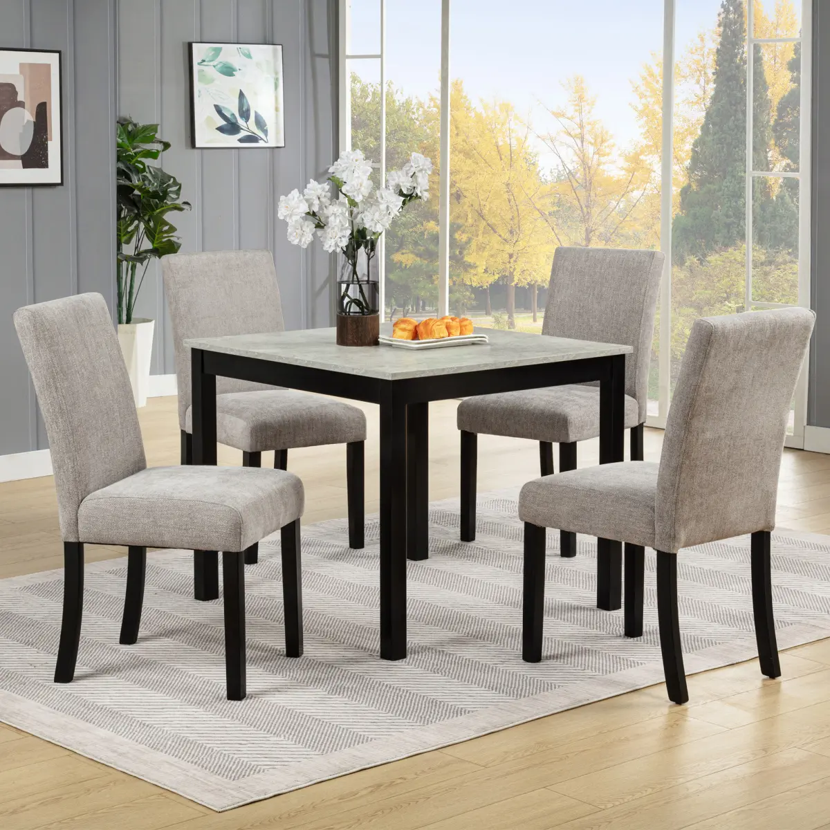 [Bellemave]5-6 Piece Dining Set with Concrete-Effect Melamine Tabletop, Modern Wooden Dining Table Set, Solid Wood Kitchen Table Chairs Set of 4 for Dining Room, Kitchen, Restaurant, Grey&Black