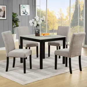 [Bellemave]5-6 Piece Dining Set with Concrete-Effect Melamine Tabletop, Modern Wooden Dining Table Set, Solid Wood Kitchen Table Chairs Set of 4 for Dining Room, Kitchen, Restaurant, Grey&Black