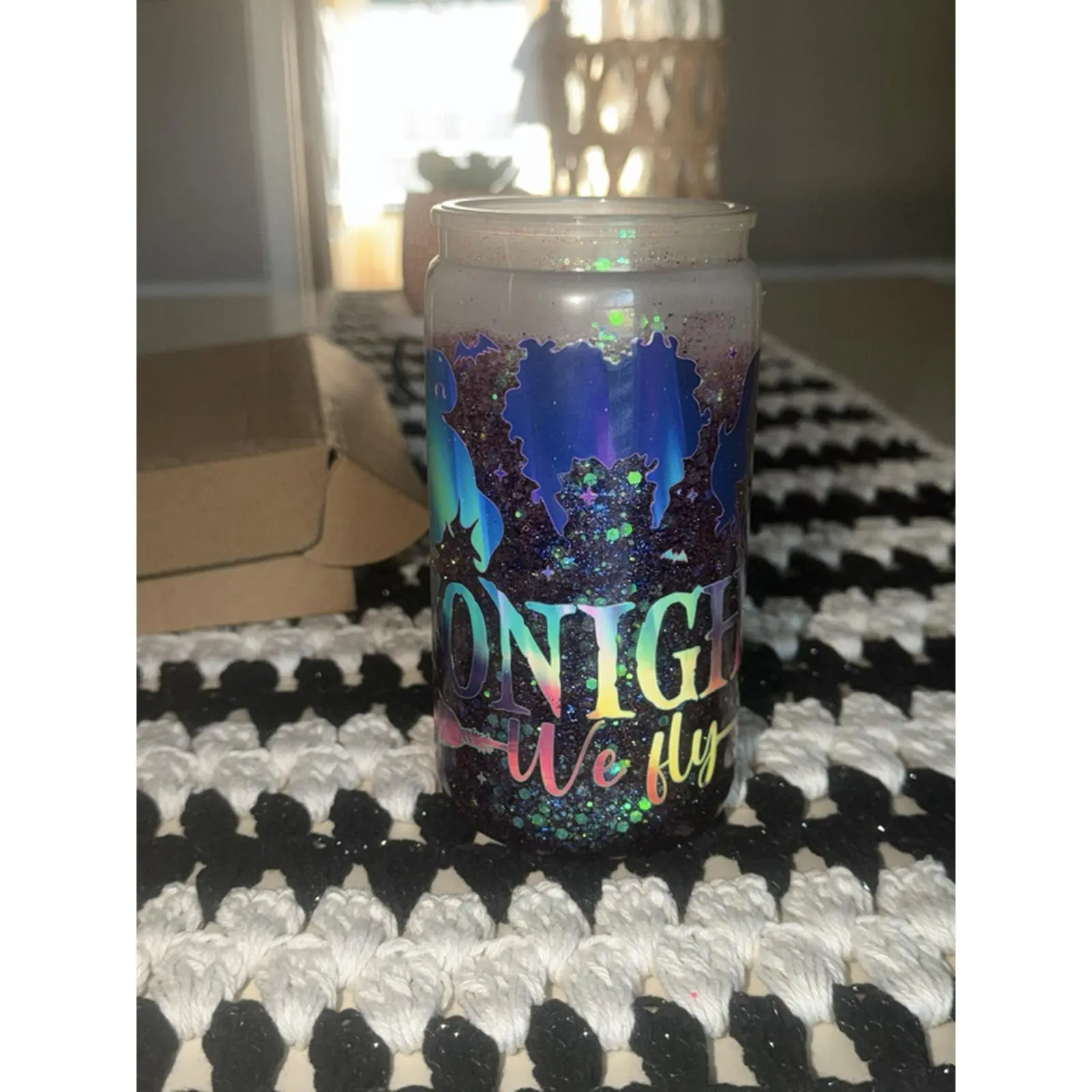 Glitter Jar with "TONIGHT We fly" Design, Multicolor Glitter, Decorative Container, Perfect for Home Decor