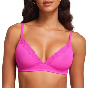 DOBREVA Women's Triangle Mesh Bralette Sexy Sheer Plunge Wireless Bra Lace Trim