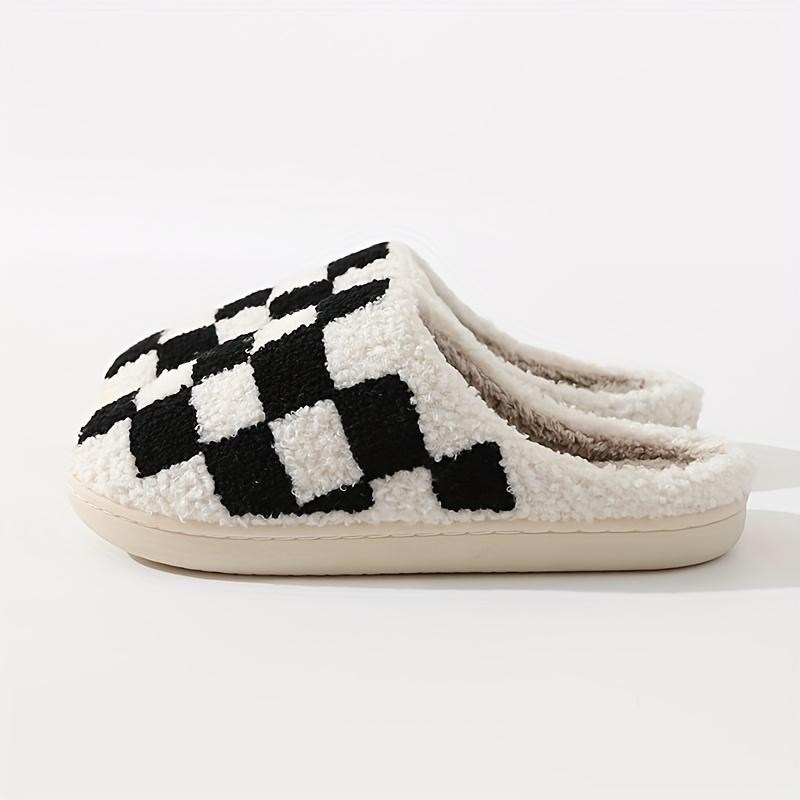 Women's Stylish Easy Checkered Fuzzy Slippers, Indoor Comfort with Thick, Soft, Warm, Silent Non-Slip Soles, Suitable for Couples