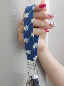 Zinc Alloy Keychain Strap with Floral Embroidery, Boho Denim Fabric Key Ring for iPhone 16/17 Pro Max, Stylish Wrist Strap Key Holder, Phone Lanyard, Phone Charm