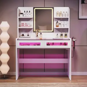 HuaYing Modern Makeup Vanity Desk with RGB LED Lights & Open Shelves, Dressing Table with Clear Drawers for Bedroom