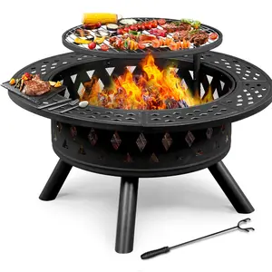 Fire Pit, 38 Inch Outdoor Wood Burning Firepits with Swivel Steel BBQ Cooking Grill, Spark Screen & Poker - Large Fire Bowl for Backyard Garden Patio Bonfire BBQ stove heating