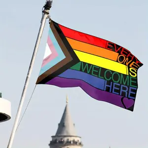 1 Count Rainbow Pride Flag with "Everyone Is Welcome Here" Message -Polyester LGBTQ+ Inclusive Decoration- Vibrant Geometric Design, Garden Home Decorations