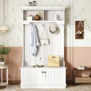 35.4"L*17"W*64.4"H White Rectangular 4‑in‑1 Hall Tree, MDF & Particle Board 200 LBS High Load Bearing Entryway Organizer with Coat Hooks Shoe Bench Storage Cabinet Display Shelves