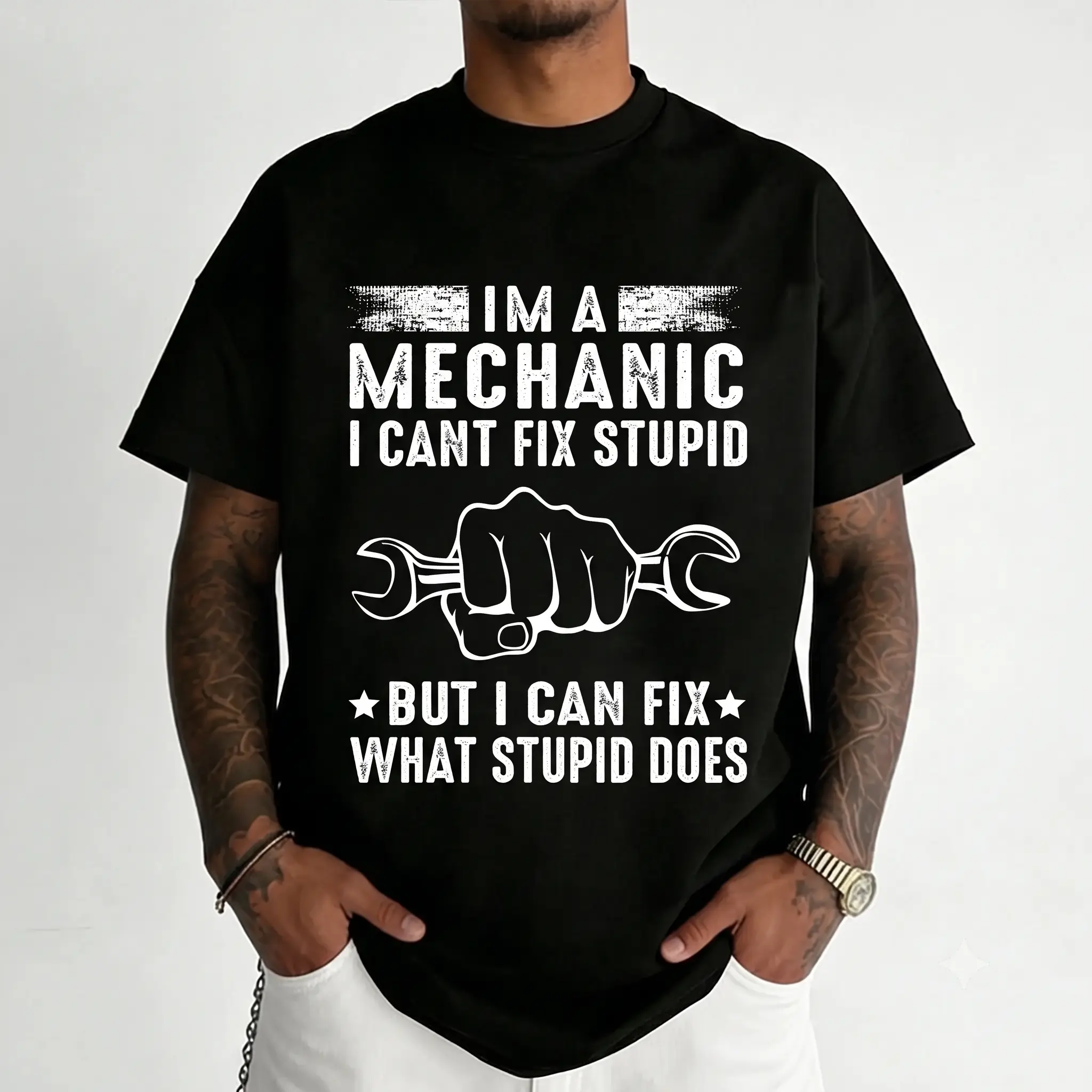 Men's Short-Sleeve Cotton T-Shirt, "I Can't Fix Stupid" Mechanic Graphic, S-5XL Size Range Casual Classic Streetwear