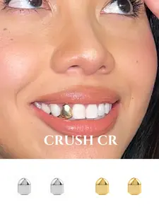 CRUSH CR 14K Gold Plated Solid Single Tooth Cap Set for Men Women, SHypoallergenic Removable, Perfect for Hip Hop Concerts, Streetwear Fits, Club Nights Urban Street Style, Durable Tarnish-Resistant Plating, Ideal Subtle Bling Dental Jewelry, Tooth Gems