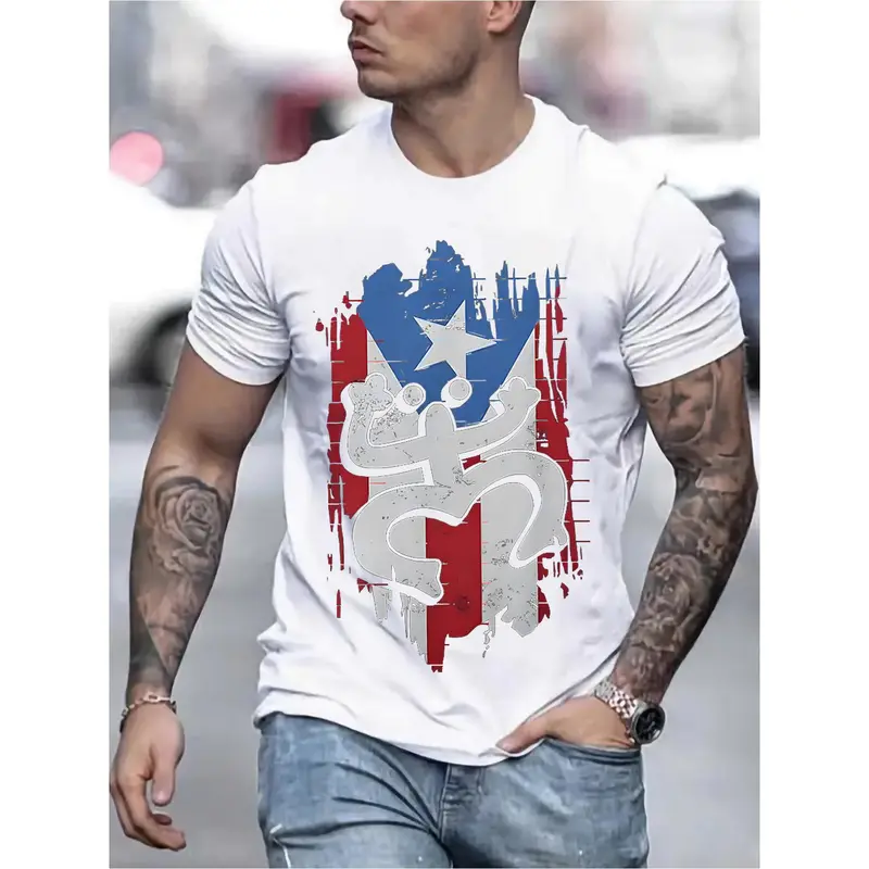 Men'S 100% Cotton T-Shirt Featuring The Puerto Rican Flag And Tree Frog Design - Casual Round Neck Short Sleeve, Breathable And Lightweight, Ideal for Outdoor Activities, a Perfect Christmas Gift, Suitable for Everyday Wear, White with Blue, Red, And Gree
