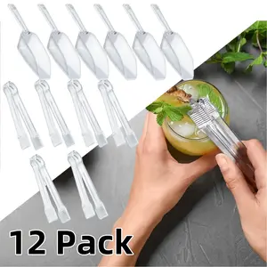 12 Pack Multi Purpose Clear Plastic Scoops and Ice Tongs Set for Candy Buffet Acrylic Kitchen Ice Food Popcorn Scoops Kitchen Supplies Utensils
