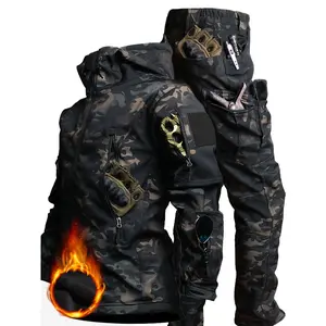 Men's Casual Camouflage & Plain Color Outfit Set, Fuzzy Lining Jacket and Pants with Multiple Pockets Design for Outdoor Hiking Mountaineering, Autumn and Winter