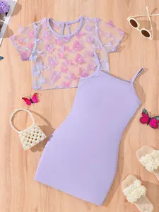 Girls' Summer Butterfly Two-Piece Set, Casual Fashion Dress & Mesh T-Shirt, Perfect for Outdoor or Home Wear