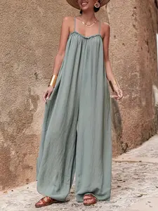 Women's Loose Fit Jumpsuit, Adjustable Shoulder Straps Design, Plain Pattern Casual Home Wear, Summer Comfortable One-Piece