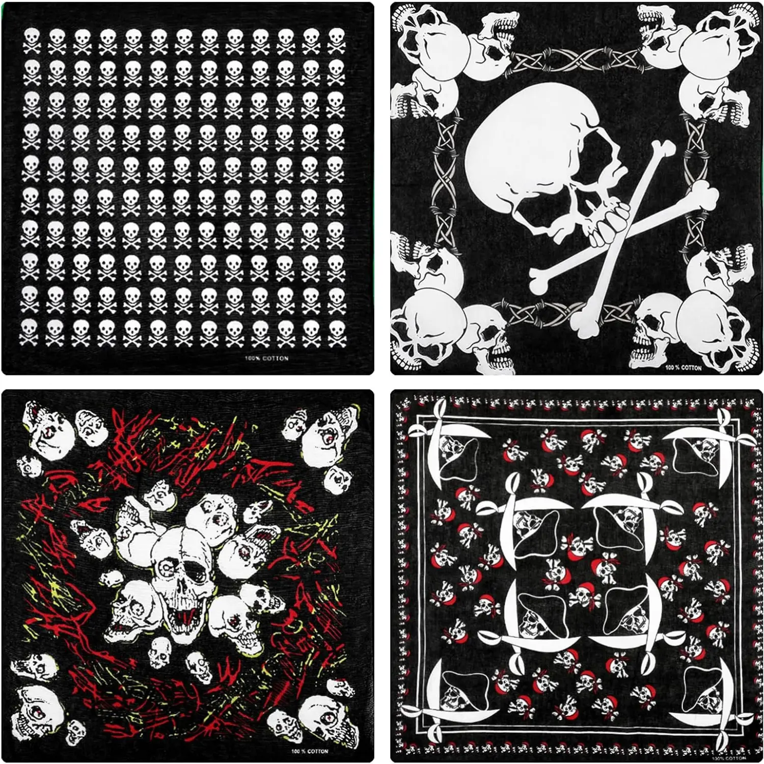 4 Pack Skull Bandana Cotton Head Scarf Pirate Bandana Neck Scarf Halloween Bandana for Men Women