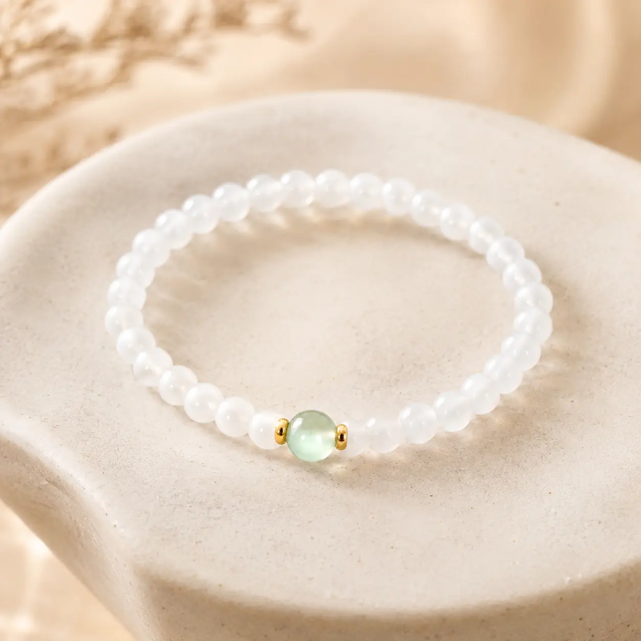 Wudang-Inspired Unisex White Beads Bangle with Green Center Bead, Blessed Inspirational Spiritual Jewelry for Daily Wear, Health & Good Luck Gift, Blessed Bracelet, Elegant