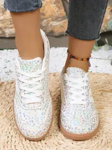 Fashionable Simple Sporty Glitter Design Sneakers, Lace-Up Design Non-Slip Rubber Sole, Comfortable Lining, Outdoor Sports Play Shoes