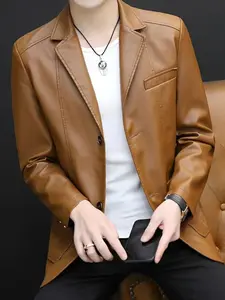 Men's PU Leather Jacket Spring Autumn Fleece Lined, Slim Fit Korean Style Motorcycle Coat, Fashionable Men's Outerwear